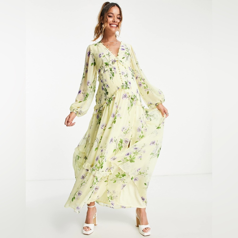 ASOS DESIGN Maternity Button Up Pintuck Maxi Dress In Butter Yellow Floral Print